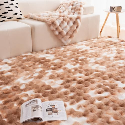 Vamcheer Flauschiger Wohnzimmer Teppiche Bubble- Superweicher Flanell-Wohnzimmerteppich Waschbarer, Schlafzimmer Teppich, Winterteppich Carpet für Fuß bodenheizung Geeignet,tie-dye Beige Braun 200X290