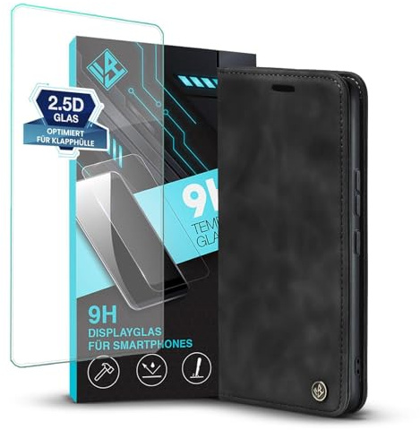 LBH Handyhülle für Xiaomi 13T / 13T Pro in Schwarz mit Displayglas Karten- und Geldfach Smartphone Hülle mit Standfunktion Flip Case Schutzhülle Magnetverschluss Vintage