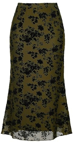 Allegra K Mujer Falda Floral Elástica, De Cintura Alta de Malla con Cola de Pez para Otoño e Invierno Elegante Falda Midi Verde Oliva XL