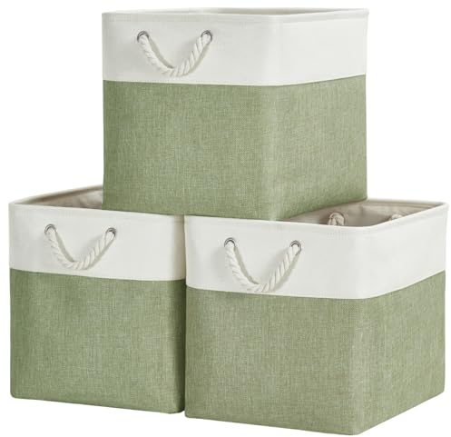SOCOHOME Aufbewahrungsboxen Stoff, 33x38x33cm Aufbewahrungskorb für Schrank Regal und Kleidung Garderobe,Waschbar(Grün/Weiß, 3 Pack)