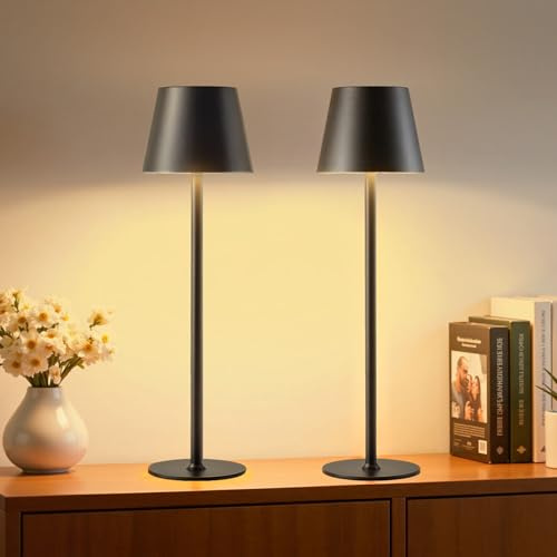 Bonsery 2 Stück LED Tischlampe Kabellos, 5200mAh Akku Tischleuchte Metall mit 3 Lichtfarben Dimmbar, Tragbare Nachttischlampe 2er Set Wasserdichte mit 2 Höhen(24 cm/37,5 cm) für Esstisch Bar Camping