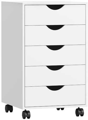 HOMCOM Cajonera Escritorio con Ruedas, 5 Cajones, 40x40x67 cm, Blanco | Cajonera Oficina, Archivador Móvil, para Estudio, Salón