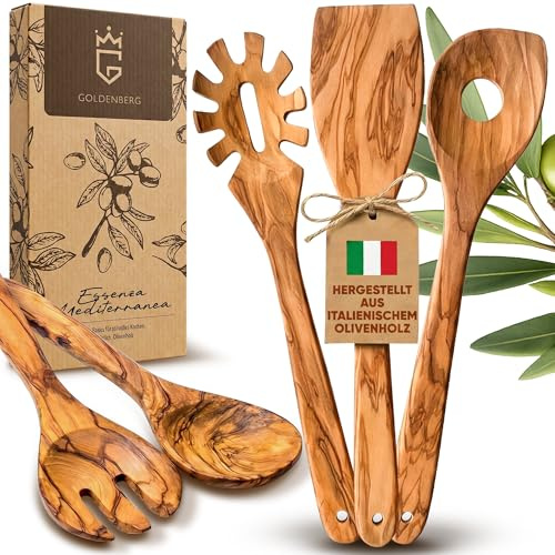 GOLDENBERG® Premium Kochlöffel Set 5-teilig | feinstes italienisches Olivenholz | antibakteriell & langlebig | Kochlöffel Holz, Pfannenwender Holz, Salatbesteck & Spaghettilöffel