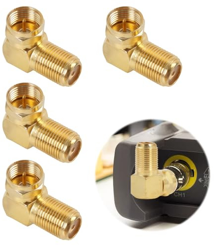 4 Stück SAT Winkeladapter 90 Grad, Koaxial Winkeladapter F-Stecker auf F Buchse 90°, Antennenstecker für SAT TV Receiver Antennenkabel, Koax Anschluss Kupplung für Wandmontage und Enge Räume (Gold)