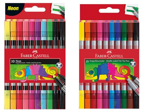 Faber-Castell - Filzstifte Set Basic & Neon, 20 Doppelfasermaler | Fasermaler mit feiner und breiter Spitze für Kinder und Erwachsene