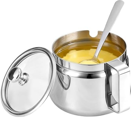 Ghee-Behälter, 500 ml Edelstahl-Kanister-Schüssel, Ghee-Spender mit Deckel und Löffel, für Küche, Zuhause, Bar, Tee, Salz, Öl, Gewürze, Kochen