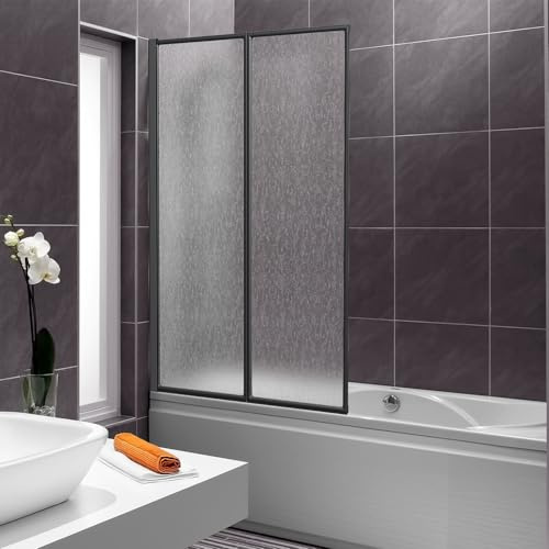 Vkechh Mampara de ducha para bañera de 100 x 140 cm, 2 piezas, plegable de plástico PS irrompible, mampara de ducha con marco de aluminio negro, accesorio para bañera con estructura de gotas como