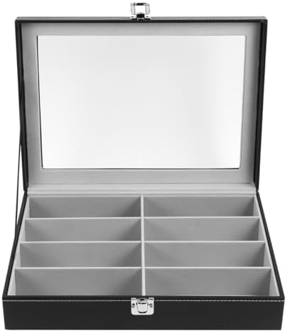 NOLITOY Estuche para Guardar Gafas de Sol con 8 Rejillas Interior de Tela Gris Material Resistente de Densidad Tablero y PU Caja Organizadora Negra para Almacenamiento Seguro en Hogar