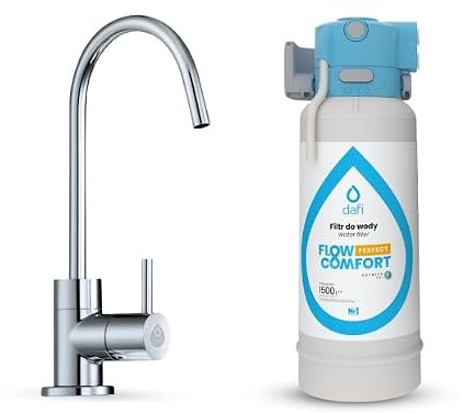 Dafi Flow Comfort - Sistema di filtraggio dell'acqua con rubinetto alto, filtro per acqua potabile sotto il tavolo, per ridurre il calcare e il cloro, con indicatore LED per cambio del filtro e filtro