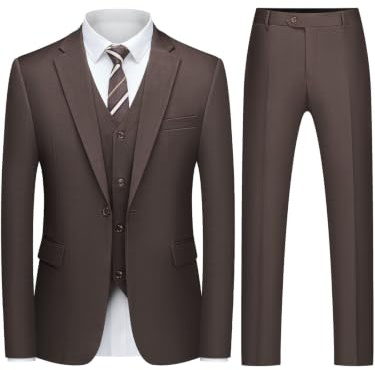 QUELDRA Men's Suits 3 Piece Slim Fit 1 Button Business Formal Brown
