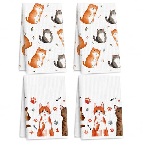 YJAUBKJOG 4er Set Niedliche Geschirrtücher Mit Katzenmotiv, Saugstarke Mikrofaser Trockentücher Als Katzen Deko, Originelles Geschenk Katzenliebhaber Und Praktisches Küchenzubehör