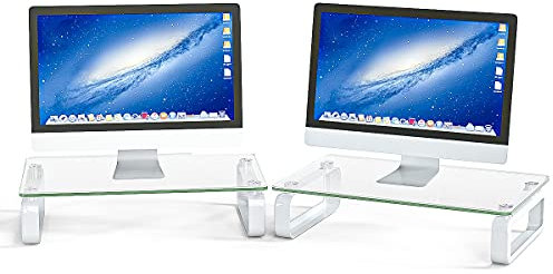 Hemudu 2 Pack Computer Monitor Stand Riser Multi Media Desktop Stand for Flat Screen LCD LED TV, Laptop/Notebook/Xbox One, with Tempered Glass and Metal Legs,HD02T-201P