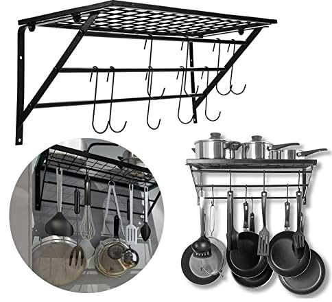 EBTOOLS Porte-Casseroles Mural, Étagère Murale avec 10 Crochets Porte Ustensiles Cuisine Etagère de Cuisine Support pour Poêles et Epices en Métal Durable Noir 62 * 25.5 * 25cm (Type A)