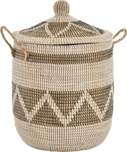 Wäschekorb Wäschesammler mit Deckel Dekokorb Aufbewahrungs-Box Allzweck-Korb Natur Seegras mit bunten Wicklungen (Natur Schwarz Weiss)