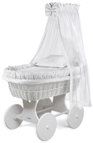 waldin Stubenwagen XXL Baby Komplett aus Weide Zertifiziert EN 1130 | Großer Babywagen XXL mit Weidenkorb Handgemacht Himmel Matratze Bettwäsche Holzgestell Lackiert Leise Räder