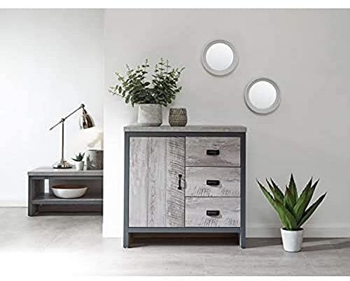 GFW Boston Grey Wood Effect 1 Door 3 Drawer Multi Storage Unit Cabinet