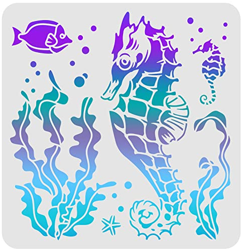 FINGERINSPIRE Schablone Seepferdchen, 30 x 30 cm, Schablone Seepferdchen, wiederverwendbar, für Malerei, Schablone, Meerestiere, für Malerei auf Holz, Fliesen, Papier, Stoff, Boden, Wand