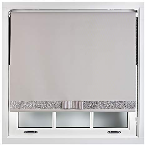 FURNISHED Blackout Roller Blinds Decorative Glitter Fabric & Bow - Trimmable - Grey 155W x 165H cm