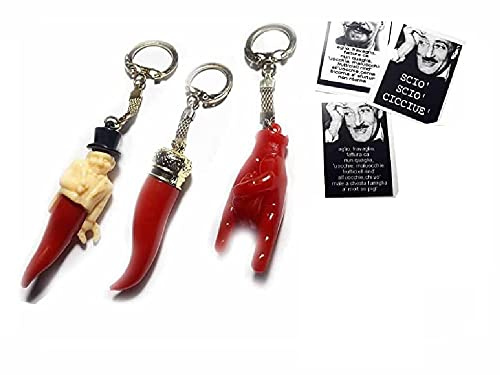 BLUSUPERSHOP Set porte-clés porte-bonheur napolitains amuleti horn lucky charm - Main CorneA- GOBBO ET CORNE ET FER DE CAVALLO - CORNE + 1 carte amulette, rouge, Taille unique