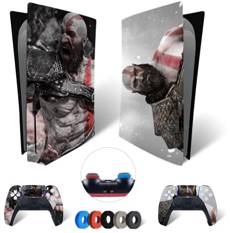 MaD Vision® Extra-Haltbares Skin-Set aus Vinyl für PS5 Disc + 5 Paar Aiming Rings | Kratzfestes Aufkleber-Set für Playstation 5 + 2 Controllers – für God of War|GOW Design