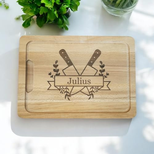 Personalisiertes Schneidebrett mit Saftrille aus Buchenholz mit Gravur, versch. Motive und Name, als Geschenk für die Küchenfee, den Hobbykoch, Küchenchef, ca. 40 cm x 28 cm (Motiv Messer)