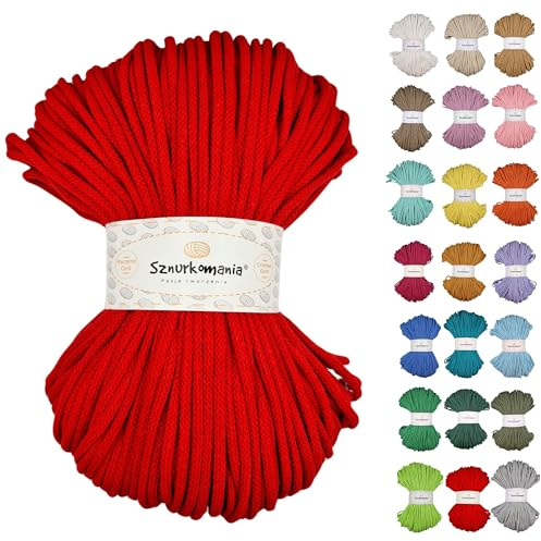 Sznurkomania, Geflochtene Baumwollkordel 5mm 100m, 46 Farben, Häkelkordel, Makramee Kordel, Makramee Garn, Premium Garn, Makramee Seil, (Rot)
