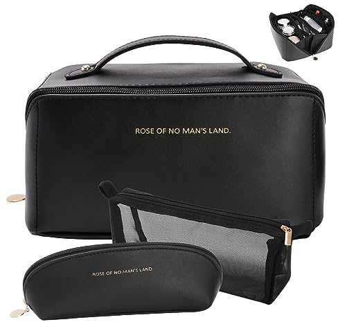 zaleeta Reise-Make-up-Tasche, 3er-Set, große Kapazität, Kosmetik-Organizer-Taschen für Damen, wasserdicht, PU-Leder, Kulturbeutel, weit offen, flach, Make-up-Tasche mit Trennwand und Griff, Schwarz,