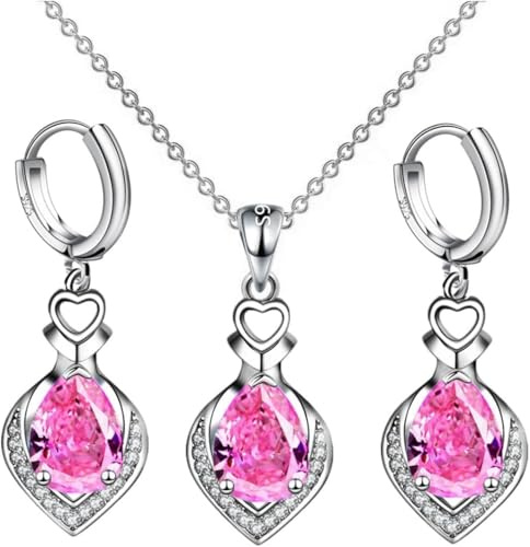 FDEETY FDEETYHerzform Tropfen Schmuckset Halskette Ohrringe Kristall Zirkonia Silber Damen Schmuck Anhänger Kette Creolen