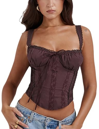 YADMISU Women's Lace Up Cami Corset Tops Cold Shoulder Zip Side Ties Back Sexy Going Out Bodyshaper Bustier Top,Brown,XS