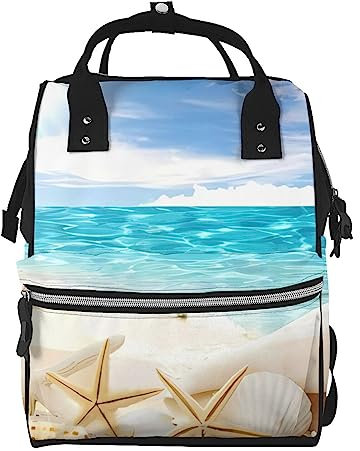 Ocean Beach Print Wickeltasche Mumie Rucksack Große Kapazität Multifunktions Wasserdichte Windeltasche Für Mama Und Papa, Schwarz , One size
