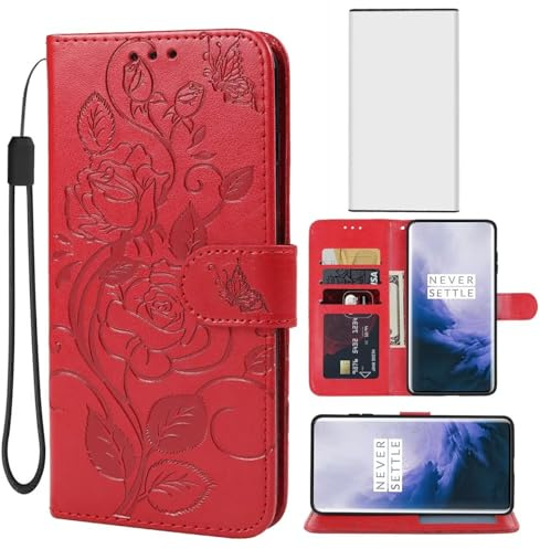 Yerebel Funda para OnePlus 7 Pro, GM1910 funda tipo cartera con protector de pantalla de vidrio templado, funda protectora de piel con tapa para tarjetas de crédito, soporte para teléfono para OnePlus