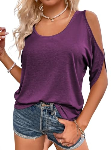Fisoew Camisetas para mujer, cuello redondo, hombros descubiertos, verano, manga corta, informal, camisas, blusas., morado, XXL