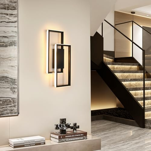 DELIPOP Aplique de Pared Interior LED Cuadrado, 28W 3275LM Lampara de Pared Moderno en Negro, Luz Cálida 3000K Iluminación de Pared para Dormitorio, Sala de Estar, Cocina, Pasillo