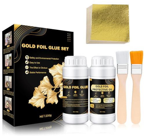Allony Gold Leaf Sheets 100 Pcs, Gilding Adhesive Set, Water Based Adhesive & Protective Varnish, 2 Brushes for Metal Craft & Painting