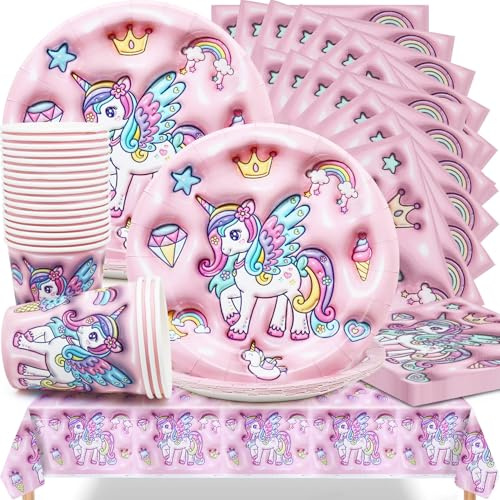 61 Stück Einhorn Party Geschirr Set, Huaxintoys Einhorn Geburtstag Geschirr Kit für Geburtstagsfeier, Hochzeiten, Jubiläen mit Teller, Pappbecher, Servietten und Tischdecke (20 Gäste)