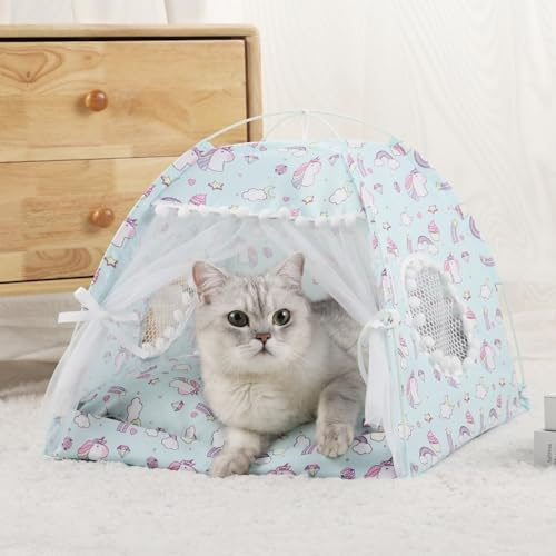 Selena Cat Bed Dog House Tent Bow Lace Mesh Breathable Windows Unicorn Pony Butterfly Cartoon Curtains Indoor Outdoor Removable Portable Pet Teepe (Large,Blue Pony)