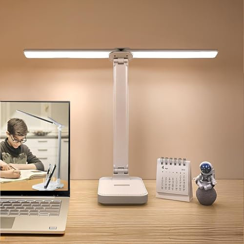 40CM Schreibtischlampe LED, Dimmbar 3 Farb, 4000mAh Doppelkopf Tischlampe, Augenschutz Bürolampe, USB-Ladeanschluss, Tischlampe mit Sockel für Arbeit, Haus, Büro, Schlafsaal, Studie, Lektüre