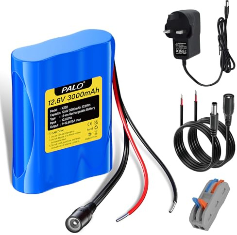 Mspalocell Batterie lithium-ion 12,6 V 3000 mAh avec chargeur et 2 lignes de connexion pour panneau solaire, radio, caméras, caméscopes, orgue électronique, lampe de lecture, télescopes, sonar, outil