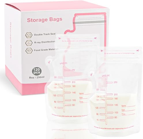 YARVPUV 120 bolsas de leche materna para congelar, 250 ml, diseño a prueba de fugas con doble cierre, sin BPA, preesterilizadas, ideales para almacenamiento, congelación y descongelación