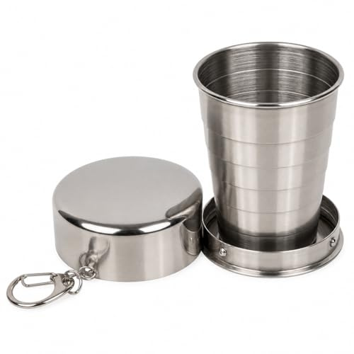 MIJOMA Faltbares Schnapsglas mit Schlüsselanhänger – Edelstahl Mini Shotglas für unterwegs, Camping, Festivals & Partys – Kompaktes Reise-Schnapsglas, rostfrei & langlebig
