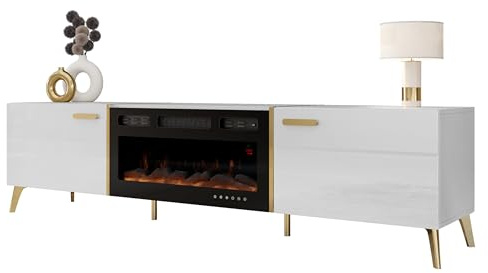 Mirjan24 TV Lowboard Picru 2D EF mit Elektrischem Kamin, 2 Klapptüren, Fernsehschrank, Fernsehtisch, Unterschrank, Realistische LED-Flamme, TV-Bank (Weiß/Weiß Hochglanz + Gold)