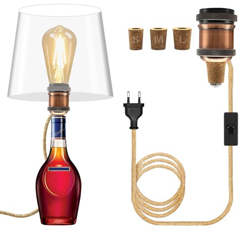 E27 Lampenfassung für Flaschen, Metall Keramik Fassung mit 240CM Hanfseil Kabel, Flaschenadapter Lampe Flaschenlicht mit 3 Kork, Flaschenlampe Aufsatz, DIY Tischlampe Kit für Vielfältig Flaschen