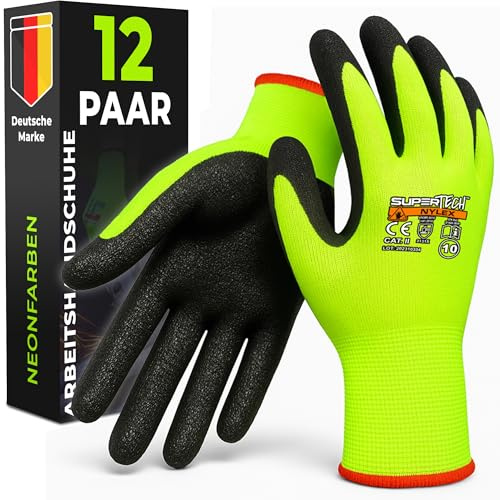 MK-Glove Warn-Arbeitshandschuhe mit Rauh Latexbeschichtung (12 Paar) 9-L | Schutzhandschuhe für Baustelle und Werkstatt, Strapazierfähige Gartenhandschuhe Neon