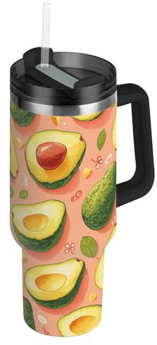 linqin Vakuumisolierter Becher mit Strohhalm, auslaufsicher, 1,2 l, wiederverwendbar, für heiße Kaffee, Reisebecher für Zuhause, Büro oder Auto, Kaktus, Weiß / Orange