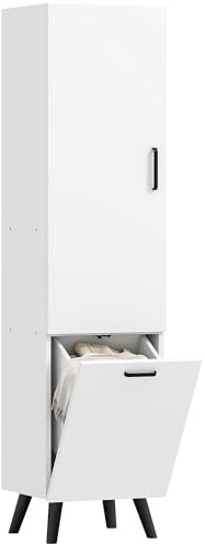 HOMCOM Mobile da bagno alto con cesto per biancheria Mobile da bagno stretto con porta e ripiani Mobile da cucina 35x31,5x144 cm Bianco