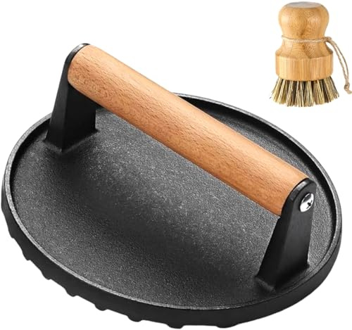 Burger Press, 7 Round Bacon Press for Griddle, 2.2 lb Heavy-Duty Cast Iron Smashed Meat Press – BBQs & Cookouts Must-Have, with Palm Brush