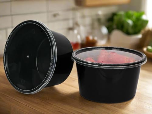 HOT BARGAINS 100 X 500ml Heavy Duty Round Food Containers with Lids – Black, BPA Free, Microwave & Freezer Safe, Leak-Proof Takeaway Storage (100, 500ml)