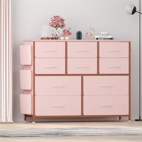 Danonlly Kommode mit 10 Schubladen, 3 Seitentaschen, 3 Haken, Sideboard Aufbewahrungsschrank Stoffkommode aus Stahlrahmen für Flur Schlafzimmer Wohnzimmer,99x30x100 cm (Rosa)