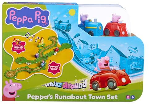 Peppa Wutz Whizz Around Spielset Flotte Stadt – Motorisierte Fahrzeuge mit Schienen & Straße, Elektronischer Sound-Haus-Station, Zug & Auto, Zubehör, für Kinder ab 2 Jahren