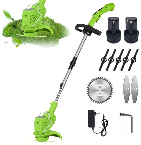 Debroussailleuse Electrique sans Fil, Tondeuse Portable et Pliable avec Poignée Réglable, Design de Tête Réglable à 90°, pour la Coupe de Jardin, Pelouses et Terres Agricoles (2 Pièces Batterie)